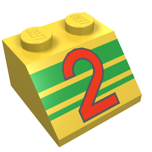 Brick Sloped 45° 2 × 2 with Red '2' and Green Stripes Print Gelb