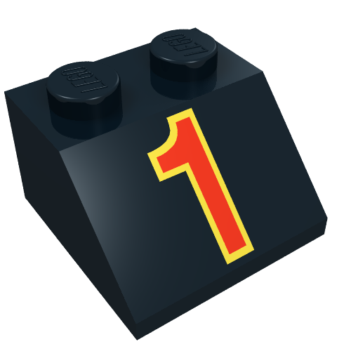 Brick Sloped 45° 2 × 2 with Red '1' in Yellow Outline Print Schwarz