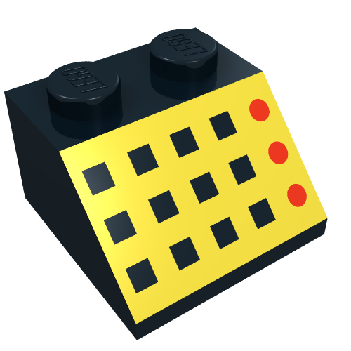 Brick Sloped 45° 2 × 2 with 12 Buttons, 3 Red Lamps, Yellow Panel Print Black