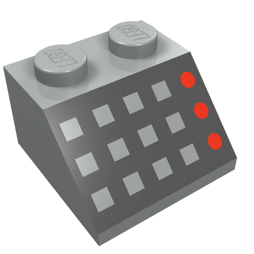 Brick Sloped 45° 2 × 2 with 12 Buttons, 3 Red Lamps, Black Panel Print Hellgrau