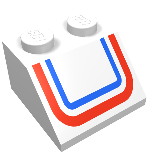 Brick Sloped 45° 2 × 2 with Red/Blue U-shaped Stripe Print Weiß