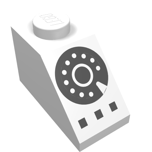 Brick Sloped 45° 2 × 1 with Bottom pin, with Black Rotary Dial Print White