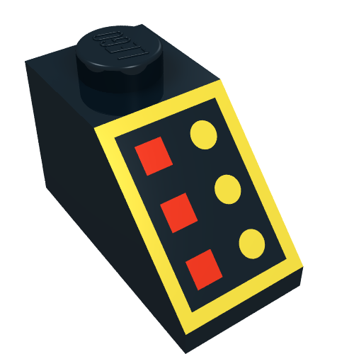 Brick Sloped 45° 2 × 1 with Bottom pin, with 3 Red Lamps, 3 Yellow Buttons, Yellow Border print Black