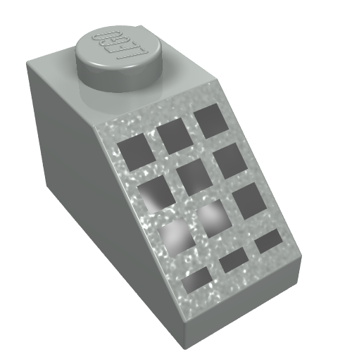 Brick Sloped 45° 2 × 1 with Bottom pin, with 9 Large + 3 Small Black Buttons Print Light Gray