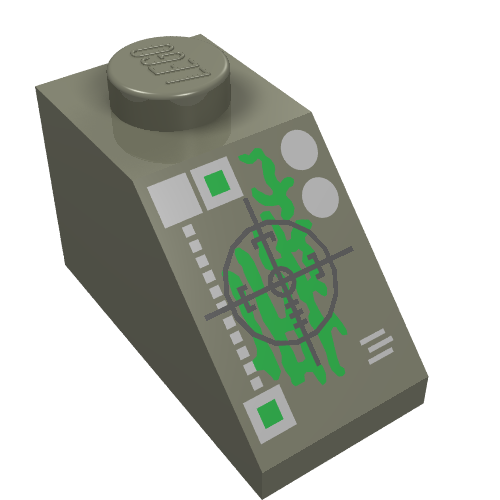 Brick Sloped 45° 2 × 1 with Bottom pin, with Black Crosshairs and Green Insectoid Print Dark Gray