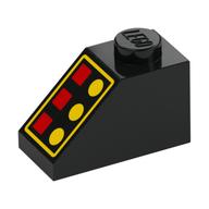 Brick Sloped 45° 2 × 1 with Bottom pin, with 3 Red Lamps, 3 Yellow Buttons, Yellow Border print (Reissue) Black