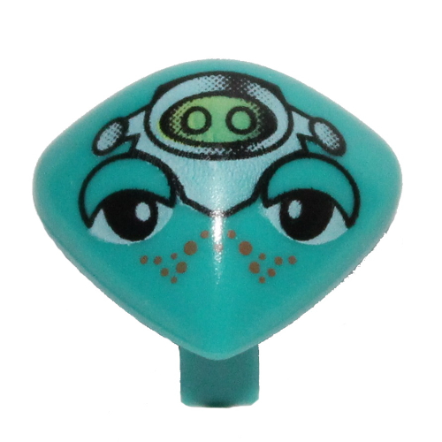 Minifig Head Special with Clip and Lime and White Head Device and Orange Freckles Print (Martian) Dark Turquoise