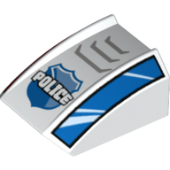 Brick Curved 2 × 2 with Lip, No Studs with 'POLICE', Badge, Grille and Red and Blue Sides Pattern White