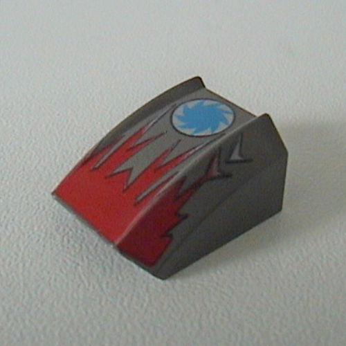 Brick Curved 2 × 2 with Lip, No Studs with Red Flames/Blue Star Print (Shredd) - Set 4570 Dunkelgrau