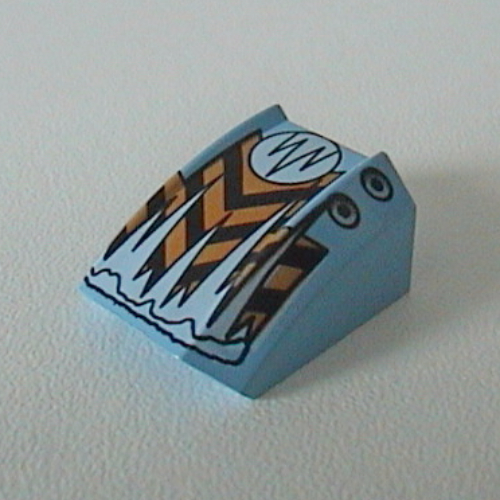 Brick Curved 2 × 2 with Lip, No Studs with Orange/Black Chevrons Print (Frost) Mittelblau