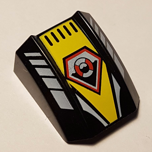 Brick Curved 2 × 2 with Lip, No Studs with White/Yellow/Red Life Preserver Print Schwarz