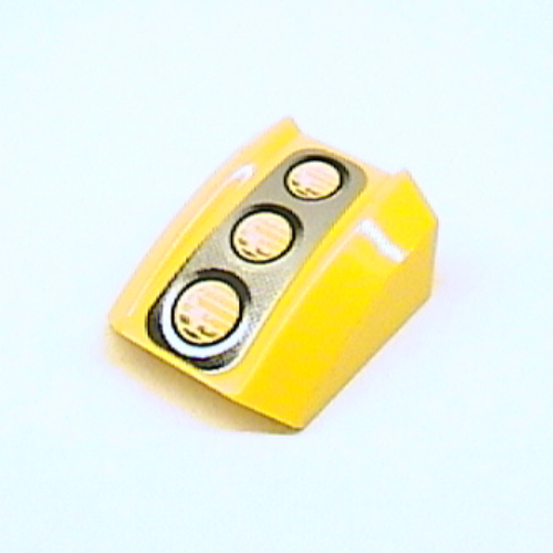 Brick Curved 2 × 2 with Lip, No Studs with Gray Fade Triple Headlight Print Yellow