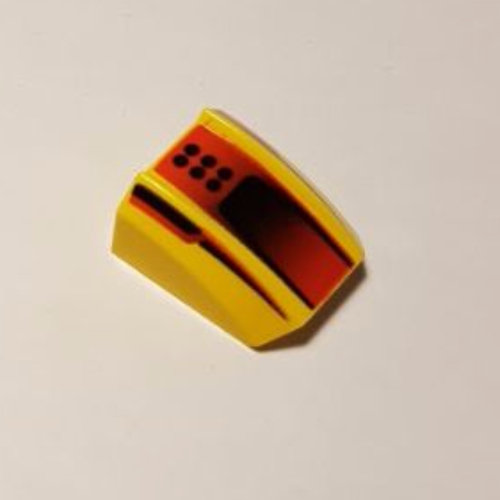 Brick Curved 2 × 2 with Lip, No Studs with Black Dots and Scoop on Red Print Yellow