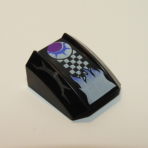 Brick Curved 2 × 2 with Lip, No Studs with White Checks and Flames Print (Spiky) Black