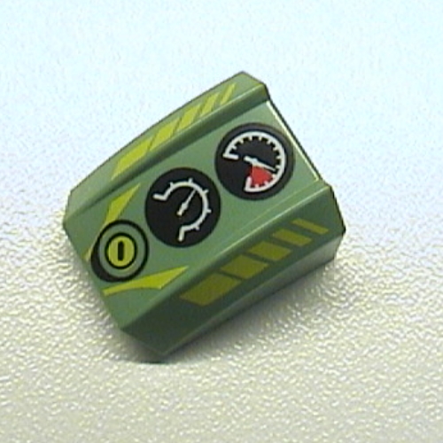 Brick Curved 2 × 2 with Lip, No Studs with Gauges and Yellow Line Print Sandgrün