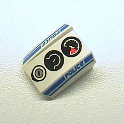 Brick Curved 2 × 2 with Lip, No Studs with Gauges and Police Blue Line Print White