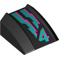 Brick Curved 2 × 2 with Lip, No Studs, Dark Pink and Dark Turquoise Lines and '4' Print Black