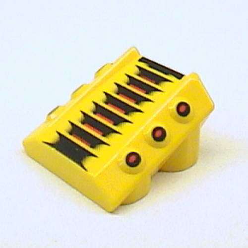 Brick Sloped 2 × 2 No Studs, with 3 Side Pistons Raised Edges and Red/Black Lines and Red Dots Print Yellow