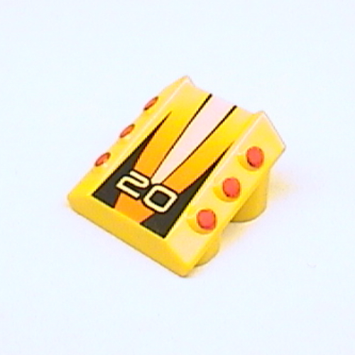 Brick Sloped 2 × 2 No Studs, with 3 Side Pistons Raised Edges and '20' Print Gelb