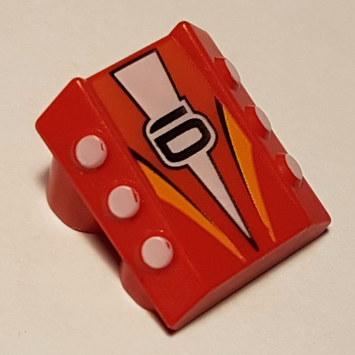 Brick Sloped 2 × 2 No Studs, with 3 Side Pistons Raised Edges and '6', White Triangle and Orange Stripes Print Rot