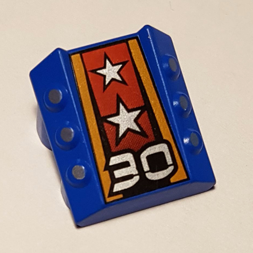 Brick Sloped 2 × 2 No Studs, with 3 Side Pistons Raised Edges and '30', Silver Stars Print Blau