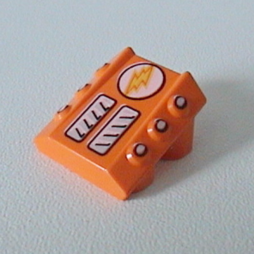 Brick Sloped 2 × 2 No Studs, with 3 Side Pistons Raised Edges and Lightor Lightning Bolt Print Orange