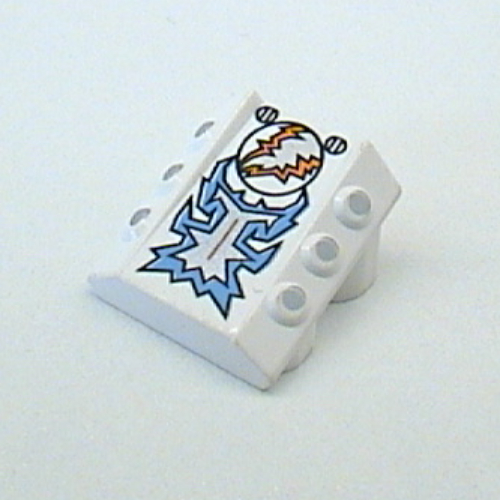 Brick Sloped 2 × 2 No Studs, with 3 Side Pistons Raised Edges and Freeze Blue/Silver/Orange Print Weiß