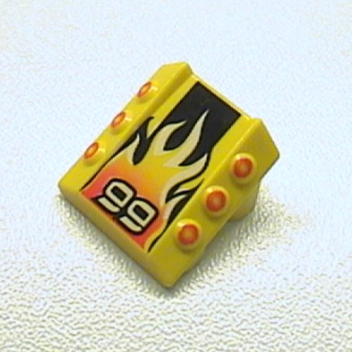 Brick Sloped 2 × 2 No Studs, with 3 Side Pistons Raised Edges and '99', Black Stripe, Flame Print Gelb