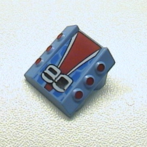 Brick Sloped 2 × 2 No Studs, with 3 Side Pistons Raised Edges and '80', Red/White/Black/Blue Print Medium Blue