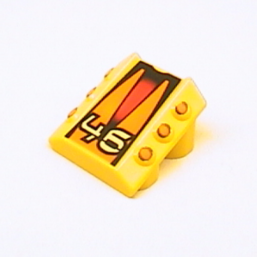 Brick Sloped 2 × 2 No Studs, with 3 Side Pistons Raised Edges and '46', Orange Pistons and Triangles Print Gelb