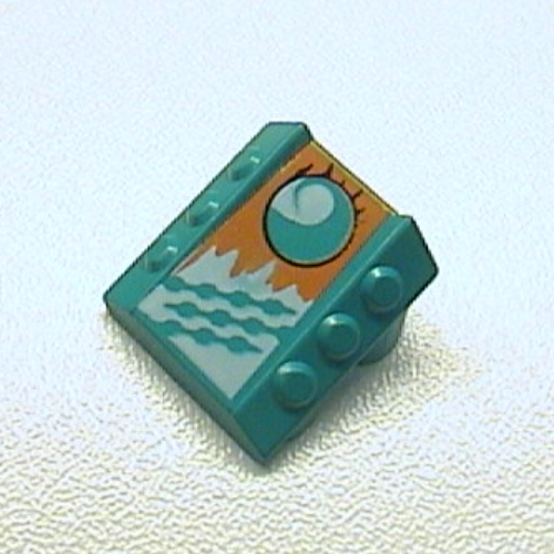 Brick Sloped 2 × 2 No Studs, with 3 Side Pistons Raised Edges and Loopin Print Dunkeltürkis