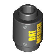 Brick Round 1 × 1 Open Stud with Yellow 'BAT MERCH' and Silver Screws Print Schwarz