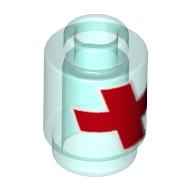 Brick Round 1 × 1 Open Stud with Red Cross print Trans-Light Blue