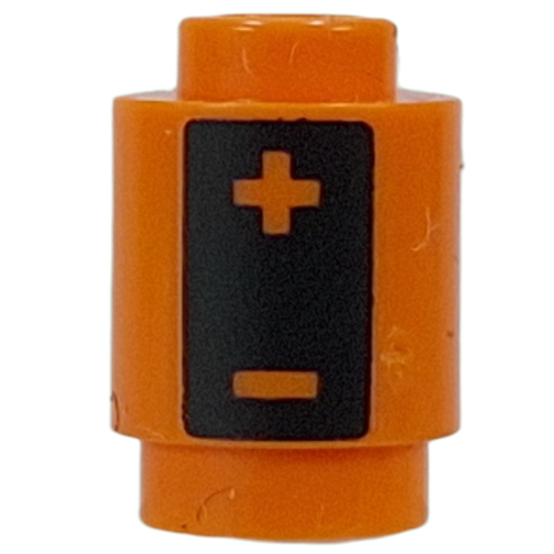 Brick Round 1 × 1 Open Stud with Black Rectangle, +, - (Battery) print Orange
