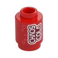 Brick Round 1 × 1 with White 'CHAOS COLA' Print in Red