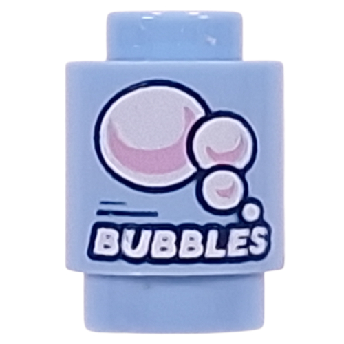 Brick Round 1 × 1 with White/Pink Bubbles, 'BUBBLES' print Bright Light Blue