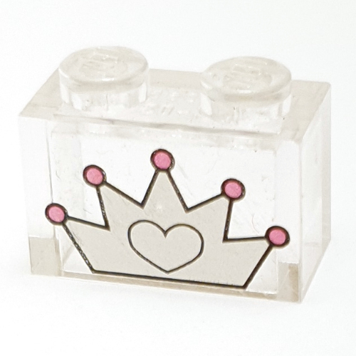 Brick 1 × 2 without Bottom Tube and White / Dark Pink 5-point Crown Print Trans-Clear