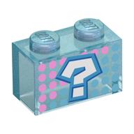 Brick 1 × 2 with Dark Azure '?', Dark Pink/Dark Turquoise Dots print Opal Trans-Light Blue