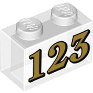 Brick 1 × 2 without Bottom Tube with Gold '123' print Transparent