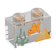 Brick 1 × 2 with Fish Tank, Goldfish, Seaweed print in Trans-Clear