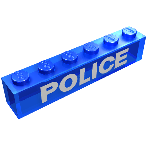 Brick 1 × 6 with No Bottom Tubes with 'POLICE' Print Trans-Dark Blue