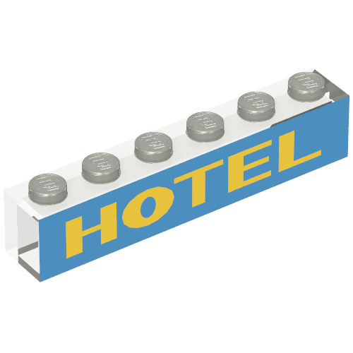 Brick 1 × 6 with No Bottom Tubes with Yellow/Blue 'HOTEL' Print Transparent