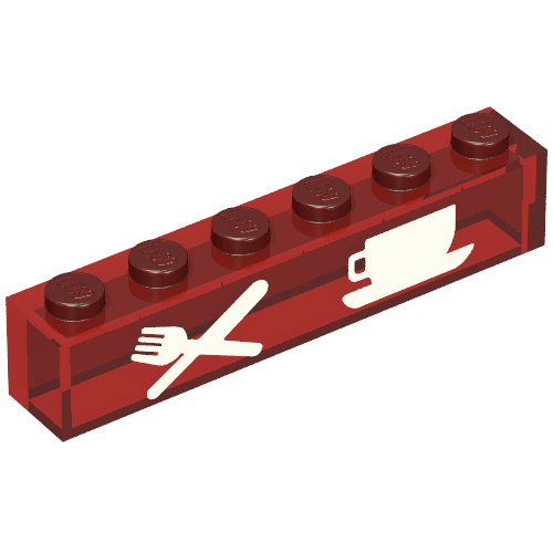 Brick 1 × 6 with No Bottom Tubes with White Knife & Fork, Cup & Saucer Print Transparent-Rot
