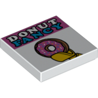 Tile 2 × 2 with 'DONUT FANCY' and Doughnut in Minifig Hand Print Weiß