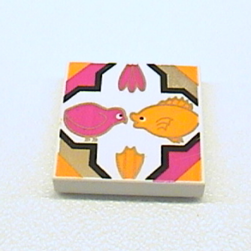 Tile 2 × 2 with Bird, Fish, Flowers in Quatrefoil Magenta/Gold/Medium Orange Print Weiß
