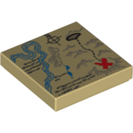 Tile 2 × 2 with Map River, Dark Tan Mountains, Handwriting and Red X Print Beige