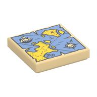 Tile 2 × 2 with Map with Red 'X', Sail Boat, Compass and Blue and Yellow Print