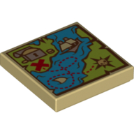 Tile 2 × 2 with Map Blue and Green with Sailing Ship, Treasure Chest and Red 'X' Print Beige