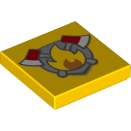 Tile 2 × 2 with Shield with Fire and 2 Axes print Gelb
