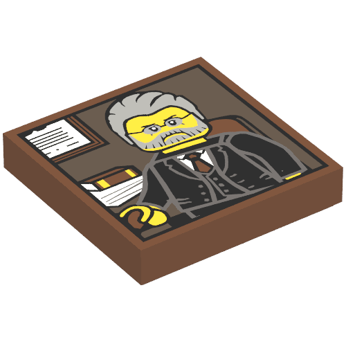 Tile 2 × 2 with Portrait of Male Minifig with Gray Hair and Beard, Black Suit print in Rotbraun
